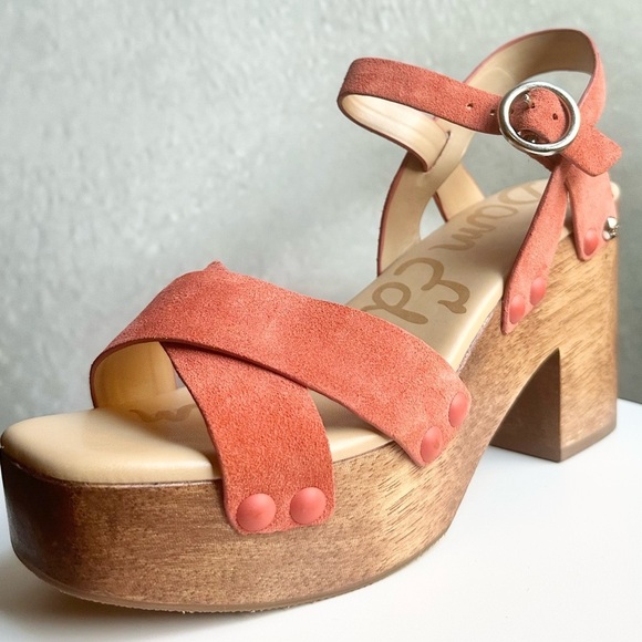 🌸SAM EDELMAN 🌸 Josefina Orange Suede Platform Wooden Sandals Size: 8.5 - Picture 8 of 12